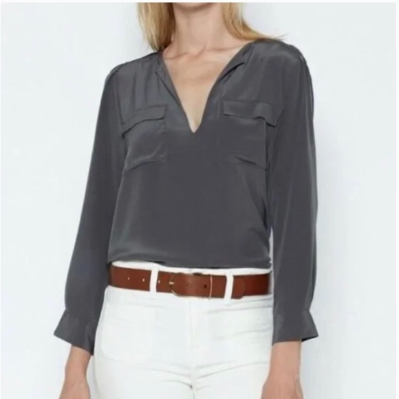 Joie Tops - Joie Marlo Silk Split V-neck Pocket Blouse Long Sleeve Gray SZ S